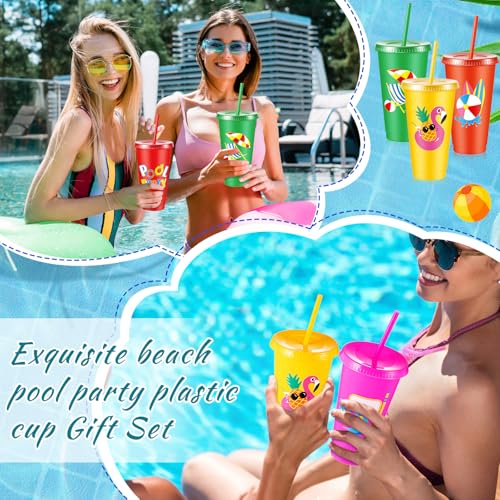 Chuangdi 12 Pcs Beach Pool Party Plastic Cups with Lids and Straws 24 oz Summer Luau Swimming Pool Themed Tumblers Drinking Cups for Beach Ball Hawaii Holiday Gifts Birthday Party Decorations Favors - style: Pool