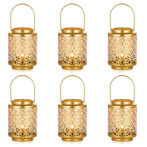NUPTIO Gold Lanterns for Wedding Centerpieces: 6 Pcs 4.1inch Hanging Metal Tealight Holders Bulk Decorative Mini Tea Lights Indoor Candle Lantern for Thanksgiving Diwali Ramadan Decor (Style 1) - size: Style 1 - 6 Pcs