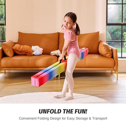 ZELUS 8' Folding Gymnastics Balance Beam, Floor Balance Beam w/Carry Handles Anti-Slip Base for Kids, Beginners & Professional Gymnasts - color: Rainbow