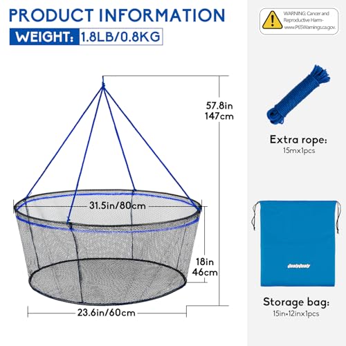 QualyQualy Foldable Fishing Net, Landing Fishing Pier Nets 31"/40" Hoop, Drop Net for Pulling Up Fish with Rope, Portable Bridge Fishing Net for Minnows, Crawfish, Shrimp - size: Rubber - 31 Inch Hoop
