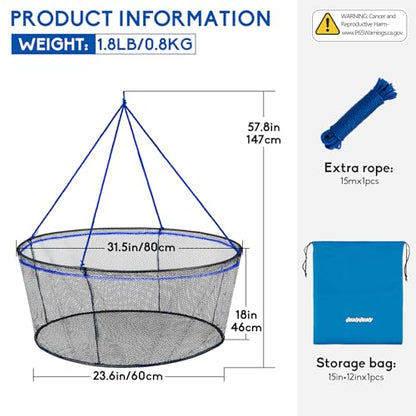 QualyQualy Foldable Fishing Net, Landing Fishing Pier Nets 31"/40" Hoop, Drop Net for Pulling Up Fish with Rope, Portable Bridge Fishing Net for Minnows, Crawfish, Shrimp - size: Rubber - 31 Inch Hoop