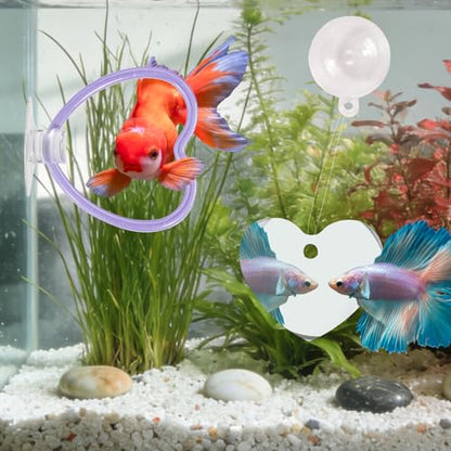 Betta Fish Toys, 2 PCS Heart Fish Exercise Ring and Nitrifying Balls Set, Heart Betta Mirror Toy Set, Feeding Ring with Suction Cup, Fishing Tank Accessories for Gifts (Purple) - color: Purple Heart