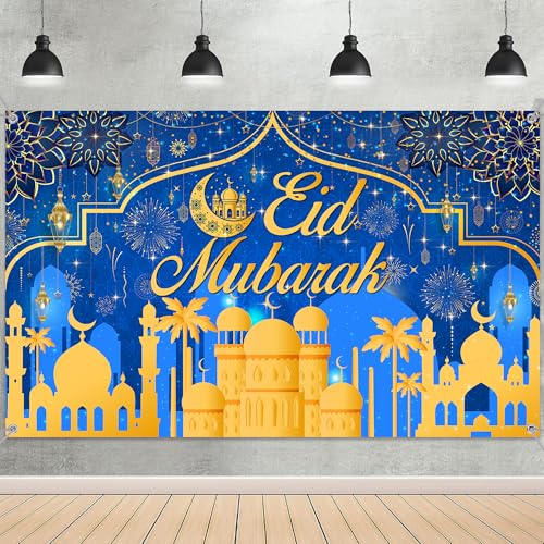 Eid Mubarak Decorations Backdrop Banner - Gold Crescent Moon Mosque Sign for Eid al-Fitr Party Wall Decor, Large Photo Background for Ramadan Home Supplies (Blue Gold) - color: Blue Gold