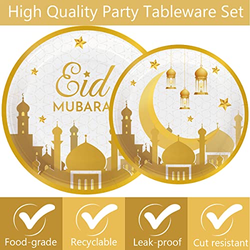 96 Pcs Eid Mubarak Decorations for Home 24 Servings with Festival Paper Plates,Dessert Plates,Napkins and Forks Sets for Eid al-Fitr Decor al-Adha Festival Ramadan Mubarak Muslim Islamic Supplies