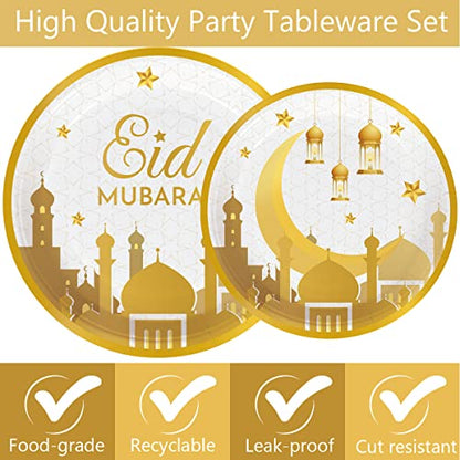96 Pcs Eid Mubarak Decorations for Home 24 Servings with Festival Paper Plates,Dessert Plates,Napkins and Forks Sets for Eid al-Fitr Decor al-Adha Festival Ramadan Mubarak Muslim Islamic Supplies