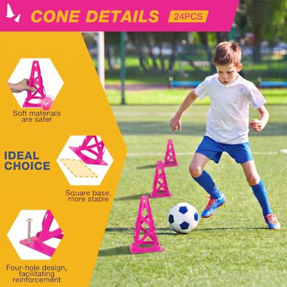 24 Pack Soccer Cones, 9 Inch Agility Cones for Soccer, Football, Basketball, Cones for Sports Training, Speed & Agility Drills, Field Marking Equipment - color: pink