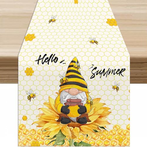 Sunflower Bee Kitchen Table Runner Cartoon Farmhouse Summer Sunflower Flower Plant Bee Gnome Table Decor Table Top Dining Wedding Party 13x36 in - color: Table-47, size: W13X L36