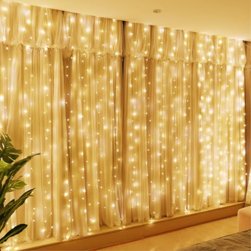 HXWEIYE 300LED Fairy Curtain Lights, 9.8x9.8Ft USB Plug-in 8 Modes Christmas String Hanging Lights with Remote for Bedroom Backdrop Wedding Indoor Wall Decor, Warm White, Standard – 1 Pack - color: Warm White, size: Standard – 1 Pack