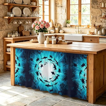 BEMIGO Blue Coastal Cabinet Curtain 28" Wx51 L, Dustproof Storage Cabinet Curtain with Self Adhesive Tape, Nautical Fish Turtle Coral Tall Pantry Cover Drape for Kitchen, Laundry Room, Utility Closet - size: 28"W x 51"L (Pack of 1)