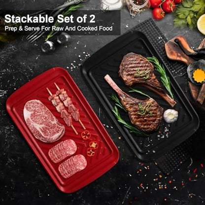 LEHAHA Grilling Prep Trays, Melamine BBQ Prep and Serving Platters and Tray for Outdoor Entertaining, Large Food Serving Trays, Set of 2, 17.2" x 10.5",Great for Grilling Lovers,Black and Red - color: Black and Red