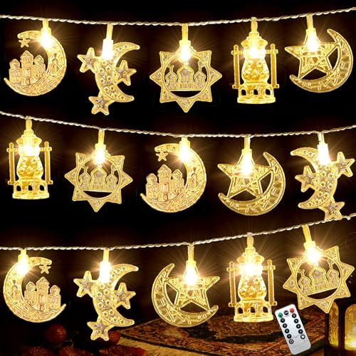 Ramadan String Lights, 9.8ft 20LEDs Moon Star Ramadan Lights with Remote Control, 8 Lighting Modes & 2 Brightness Levels, Ideal for Eid Ramadan Mubarak Decorations for Home Indoor Outdoor