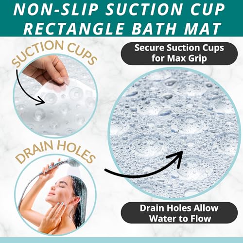 ENKOSI Non-Slip Bath & Shower Mat 40x16 Extra Long, Suction & Drain Holes | Clear look; Durable PVC; 40x16 in, Clear - color: Clear