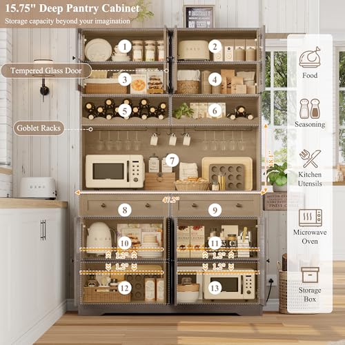 HOSTACK Kitchen Pantry Storage Cabinet, Coffee Bar Hutch Cabinet, Ash Gray | 75.4" Tall Pantry Cabinet with Charging Station / Countertop / Glass Doors / Wine Rack / Cup Holder / Drawers, Dining Room - color: Ash Gray