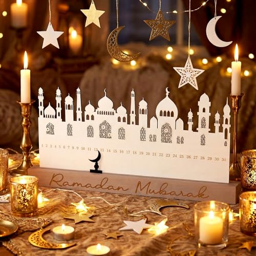 Leinuosen Ramadan Wooden Countdown Calendar Eid Mubarak Ramadan Mubarak Advent Calendar Eid Islamic Countdown Table Decoration for Muslim Festivities Decoration Gift(Modern) - style: Modern