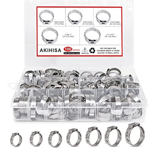 AKIHISA 100Pcs 5 sizes Single Ear Hose Clamps, 21-28.6 mm 304 Stainless Steel Pex Crimp Rings Kit, Crimp Hose Clamp Assortment Set for Securing Pipe Hoses and Automotive Use - size: 100Pcs (21-28.6mm)