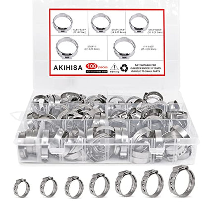 AKIHISA 100Pcs 5 sizes Single Ear Hose Clamps, 21-28.6 mm 304 Stainless Steel Pex Crimp Rings Kit, Crimp Hose Clamp Assortment Set for Securing Pipe Hoses and Automotive Use - size: 100Pcs (21-28.6mm)