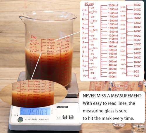 High Borosilicate Glass Measuring Cup-V-Shaped Spout，Glass Measuring Beaker for Kitchen or Restaurant, Easy to Read, 2000 ML (64 Oz, 8Cup) - size: 2000ML(64OZ)