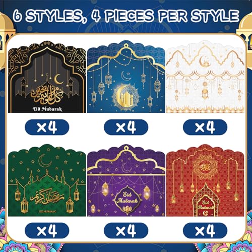 JULMELON 24 Pcs Eid Mubarak Envelopes Eid Gifts Cards Holders 6 Styles Ramadan Pocket Envelope for Money Islamic Muslim Ramadan Mubarak Cards for Kids Gifts(6.5 x 3.5 in)
