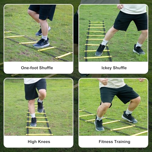 Soccer Training Equipment Set, 20 Feet 12 Rungs Pro Speed & Agility Ladder, Resistance Parachute, Jump Rope, 5 Resistance Bands with Carrying Bag