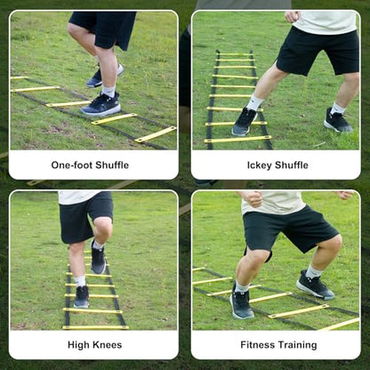 Soccer Training Equipment Set, 20 Feet 12 Rungs Pro Speed & Agility Ladder, Resistance Parachute, Jump Rope, 5 Resistance Bands with Carrying Bag