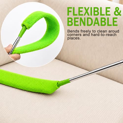 Retractable Gap Dust Cleaner with Extension Pole & 3 Microfiber Cloths | Cleaning Tools with 3 Microfiber Dusting Cloths | Long Handle Duster 30-100'' | Under Refrigerator Furniture Appliance Green - color: Green