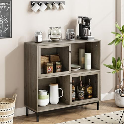 IDEALHOUSE Coffee Bar Cabinet, Farmhouse Sideboard Buffet Cabinet with Storage, Wine Liquor Bar Cabinet with Metal Sliding Door, Wood Accent Cabinet for Kitchen, Dining Room, Living Room, Grey