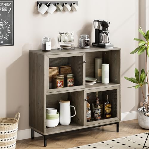 IDEALHOUSE Coffee Bar Cabinet, Farmhouse Sideboard Buffet Cabinet with Storage, Wine Liquor Bar Cabinet with Metal Sliding Door, Wood Accent Cabinet for Kitchen, Dining Room, Living Room, Grey - color: Grey