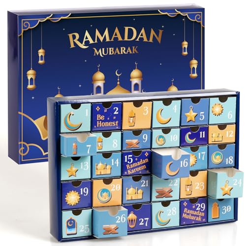 MOVINPE Ramdan Calendar with Drawers 2026 Ramadan Gifts for Kids, 30 Pre-Assembled Empty Boxes Eid Mubarak Coutdown Calendar Fillable Islamic Art Gift Box, Ramadan Party Supplies (Blue) - color: Blue