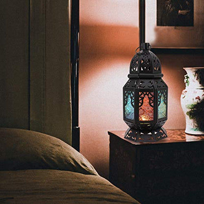 Lewondr Ramadan Lights, Retro Iron Ramadan Candle Lantern with Moon Shape Ramadan Desk Lamp Décor for Home Bedroom Romantic Bedside Desktop Nightstand Decoration