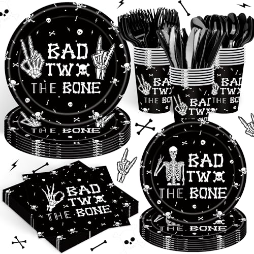 140PCS Bad Two The Bone Theme Party Decorations Boy Rock And Roll Birthday Tableware Include Plates,Napkins and Cups for Birthday Party Decorations - size: Bone - 140pcs