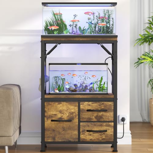 Heybly 5-10 Gallon Fish Tank Stand, Aquarium Stand with Drawer, Power Outlet, Heavy Duty Metal Frame, for Fish Tank, Turtle & Reptile Terrarium, 20.5" × 10.2" Top, 200lbs, Rustic Brown HAS002SSR-1 - color: Rustic Brown, size: 5-10 gal