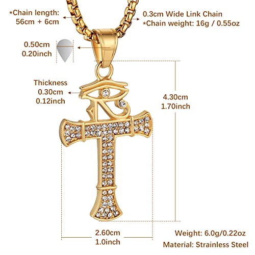 HZMAN CZ Eye of Horus Egypt Protection Pendant Coptic Ankh Cross Religious Stainless Steel Necklace - color: Gold-New