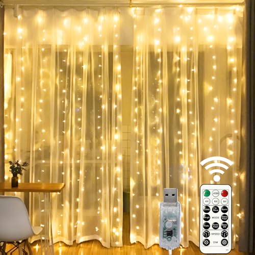 HOME LIGHTING Window Curtain String Lights, 300 LED 8 Lighting Modes Fairy Copper Light with Remote, USB Powered for Christmas Party Wedding Home Decorations (Warm White) - color: Warm White