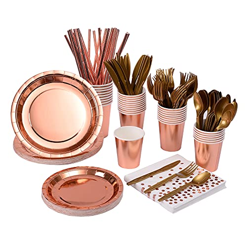 YAOSHENG 201 Rose Gold Party Supplies - Rose Gold Paper Plates & Napkins Cups Silverware Serves 25 Sets for Wedding Bridal Shower Engagement Birthday Parties.(Rose gold) - color: Rose Gold