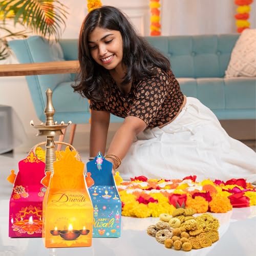 HOWAF 12 PCS Happy Diwali Candy Boxes - Diwali Party Decoration Gift Boxes - Festival of Lights Treat Boxes - Diya Goodie Boxes for Indian Deepavali Party Supplies Favor