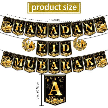 2 in 1 Ramadan nd Eid Decorations, NO-DIY Ramadan Mubarak Decorations Includes Ramadan Eid Banner and Ramadan Decorations Hanging Swirls, Eid Mubarak Decorations Ramadan Decorations for Home