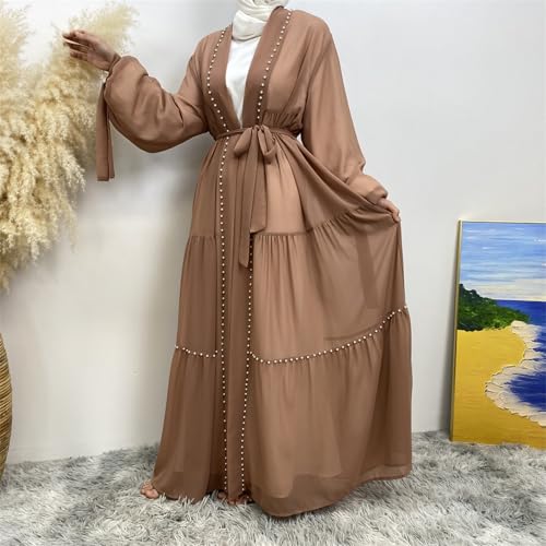 Abayas For Women Muslim Ramadan Long Sleeve Open Front Imitation Pearls Tiered Chiffon Dress Cardigan with Belt Dubai Kaftan - color: Brown, size: Medium