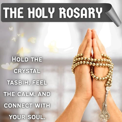 Amazing Gemstone Golden Hematite Tasbeeh with Moon and Star Charm - Certified Crystal Muslim Prayer Beads Natural Gemstone Tasbih for Ramadan Dhikr and Daily Namaz (S) - color: Golden Hematite