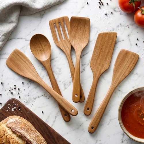 6 Pack Acacia Wood Spatula Set Non Toxic Kitchen Utensils for Cooking Spoon Flat Wooden Wok Spatula Spurtle Kitchen Tools Slotted Turner Scraper Bamboo Cooking Utensil Set Fish Egg Flipper Spatulas - color: 6Pcs-Utensils