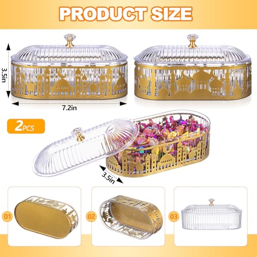 2 Pcs Ramadan Trays with Lid Metal Gold Eid Mubarak Plates Ramadan Moon Candy Dish Table Decorations Food Serving Tray Islam Muslim Al-Fitr Cookie Storage Container for Eid Party Supplies