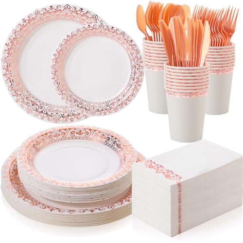 meekoo 350 Pcs Rose Gold Party Dinnerware Set Disposable Paper Plates for 50 Guests 9in and 7in Dinner Dessert Plates Napkins Gold Rim Plastic Cups Knives Forks Spoons for Party Wedding(Round Floral) - color: Rose Gold, style: Round Floral