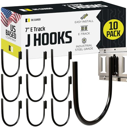 DC Cargo - E Track J Hooks (7" - 10 Pack) - Large Heavy Duty Accessories - Hanging Hooks for Your ETrack Rail System - Use in Enclosed Trailers, Box Trucks, Vans, Garage, Workshop & Warehouse - size: 7 Inch - 10 Pack