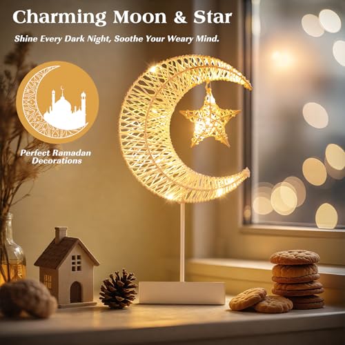 Lewondr Decorative Table Lamp, Christmas Moon Star Ramadan Desk Lamp Battery Powered Warm LED Crescent Light for Xmas Home Bedroom Bedside Desktop Nightstand Decoration, White - style: Moon + Star