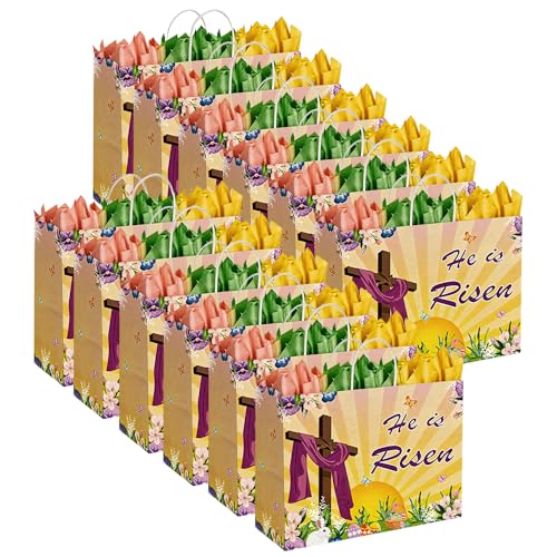 CMSSHUAI 12 Pcs Easter Religious Gift Bags with Tissue Paper, 13" Large Size He Is Risen Bags with Handles for Easter Gift Wrap Spring Egg Hunt - color: jesus 12