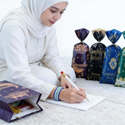 Mooliwe 144 Pcs Ramadan Mubarak Party Favor Gifts Bulk 48 Eid Ramadan Muslim Pencils 48 Mubarak Wristbands 48 Cellophane Gift Bag for Party Decorations Supplies(Conventional Style) - style: Conventional Style