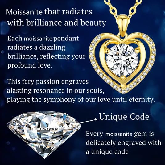 Heart Pendant Gold Necklace for Women Moissanite Lab-Created Gem I Love You Wedding Anniversary Birthday Christmas Valentine Engagements Mothers Day Jewelry for Wife Her Girlfriend Mom Daughter - color: Gold-3CT