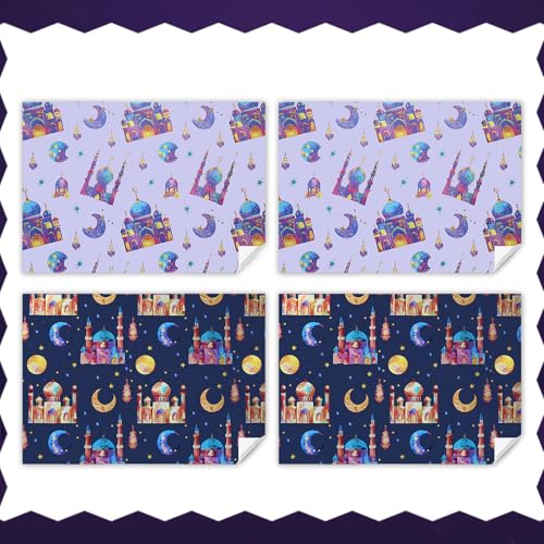 Eid Wrapping Paper,4 Sheet Colorful Mosque Moon Star Ramadan Eid Mubarak Al-Fitr Al-Adha Wrapping Paper Pink Blue Purple Islamic Holidays Gift Wrap Paper for Islamic Muslim Party Favors,28 x 20 Inch