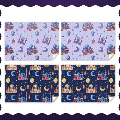 Eid Wrapping Paper,4 Sheet Colorful Mosque Moon Star Ramadan Eid Mubarak Al-Fitr Al-Adha Wrapping Paper Pink Blue Purple Islamic Holidays Gift Wrap Paper for Islamic Muslim Party Favors,28 x 20 Inch