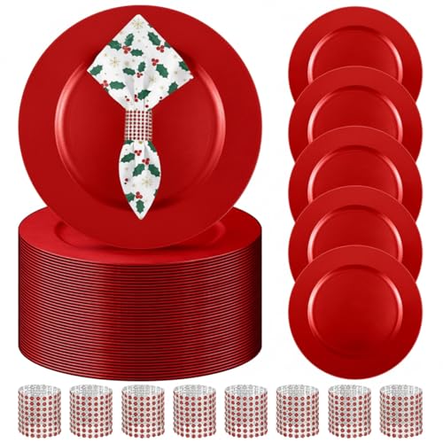 Tanlade 100 Pieces Charger Plates Bulk with Napkin Rings,Simple Style,Red - color: Red, size: Simple Style