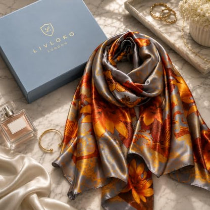 LONDON Women’s Satin Silky Scarf Gift Box Large Lightweight Silky Smooth Shawl Wrap for Hair, Head, Neck or Hijab - color: Orange Flowers - Box
